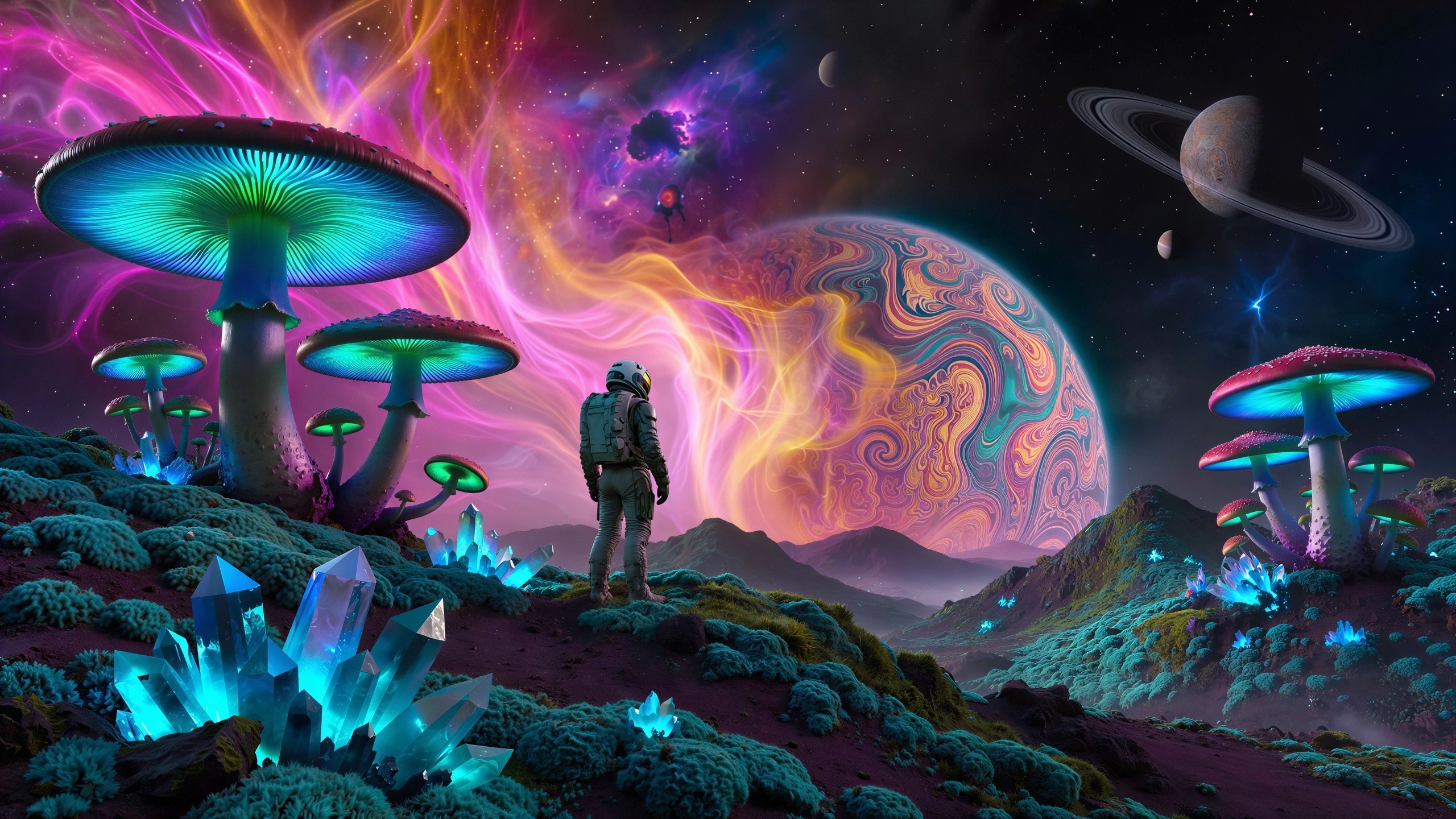 Astronaut on Alien Planet with Colorful Gas Giant