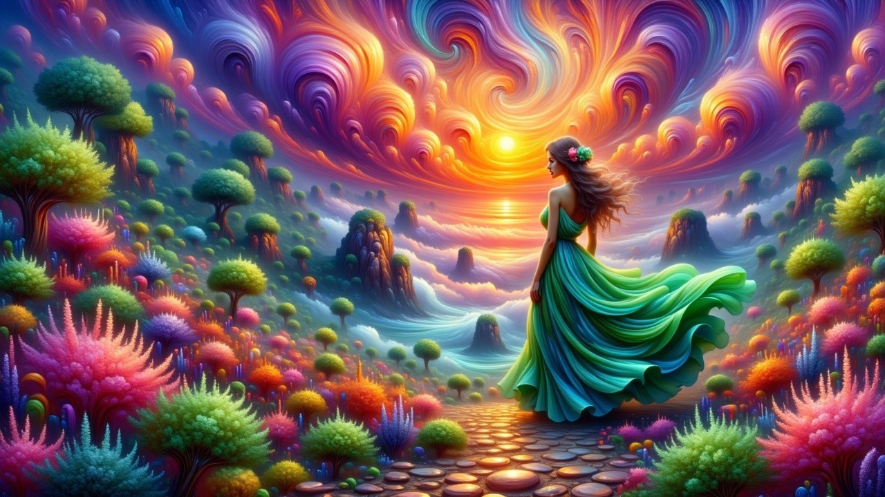 Vibrant Landscape with Woman in Green Dress