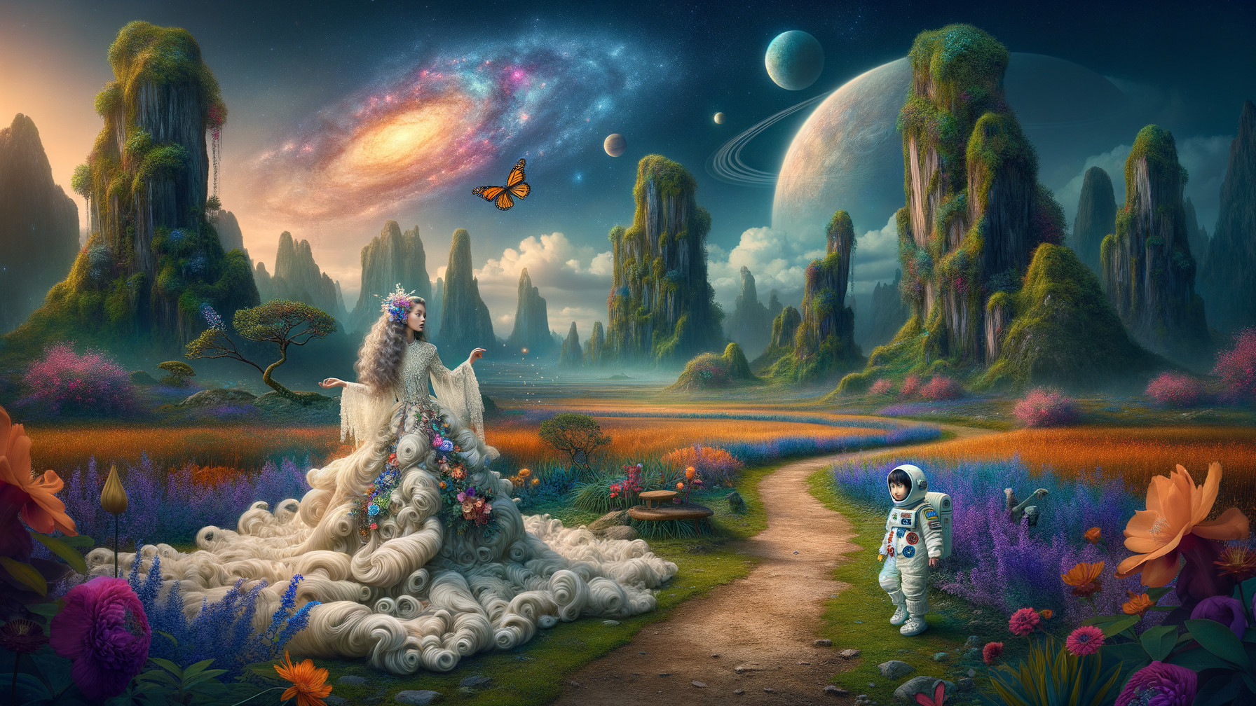 Whimsical Landscape with Galaxy and Floral Elements
