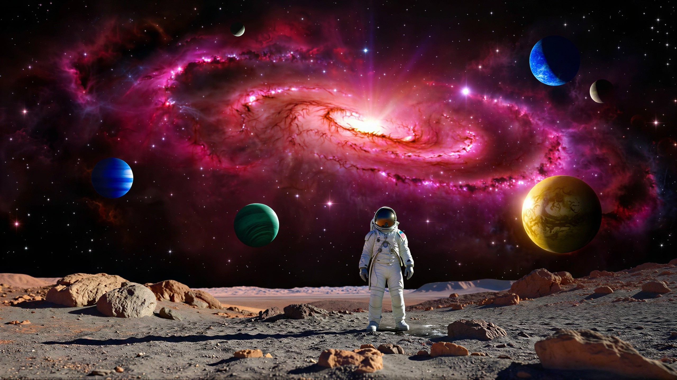 Astronaut Observes Colorful Galaxy and Alien Landscape