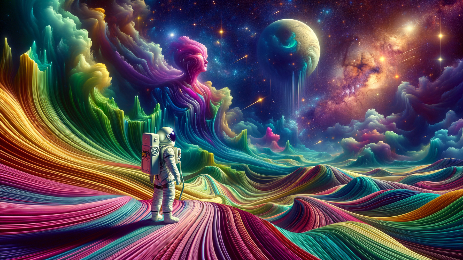 Astronaut in a Colorful Cosmic Landscape with Galaxies