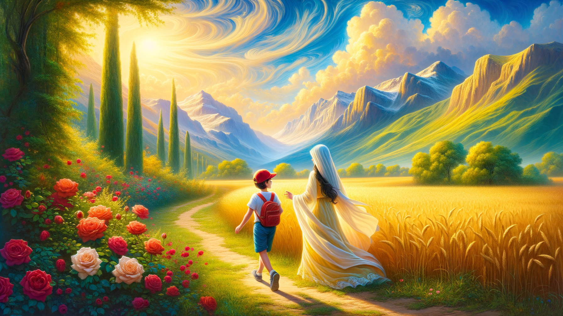 Serene Landscape with Boy and Woman in Nature