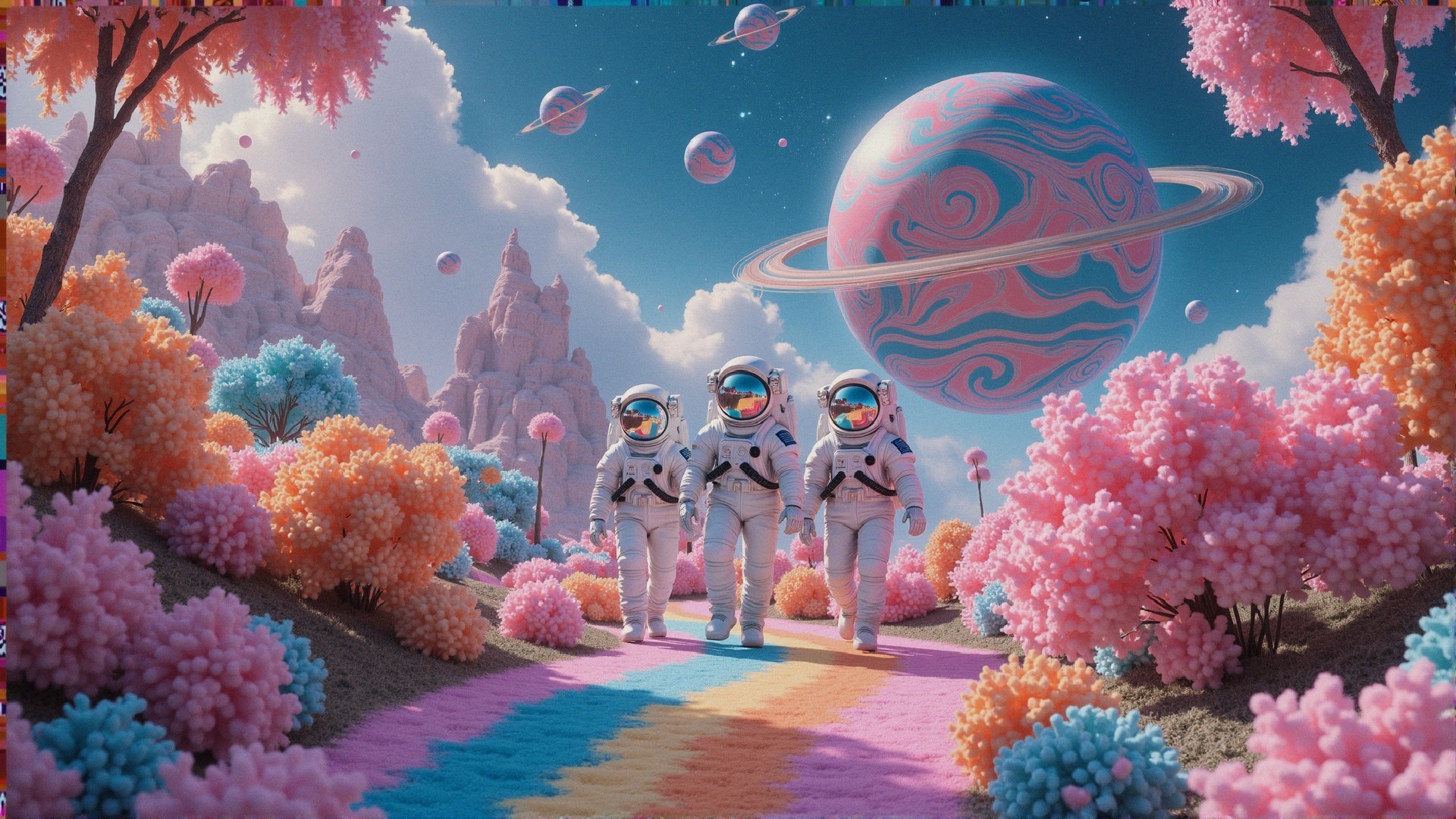 Astronauts on a Rainbow Path in a Surreal Landscape