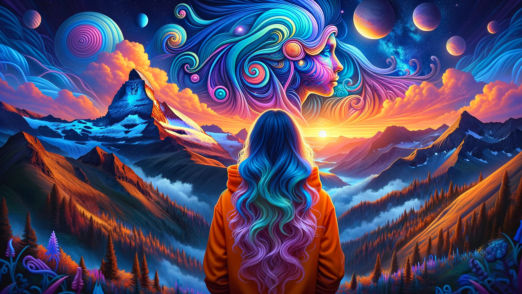 Mountain Landscape with Cosmic Sunset and Patterns