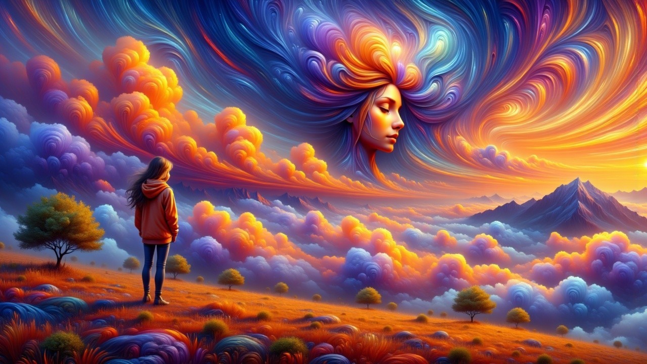 Surreal Landscape with Woman and Ethereal Clouds