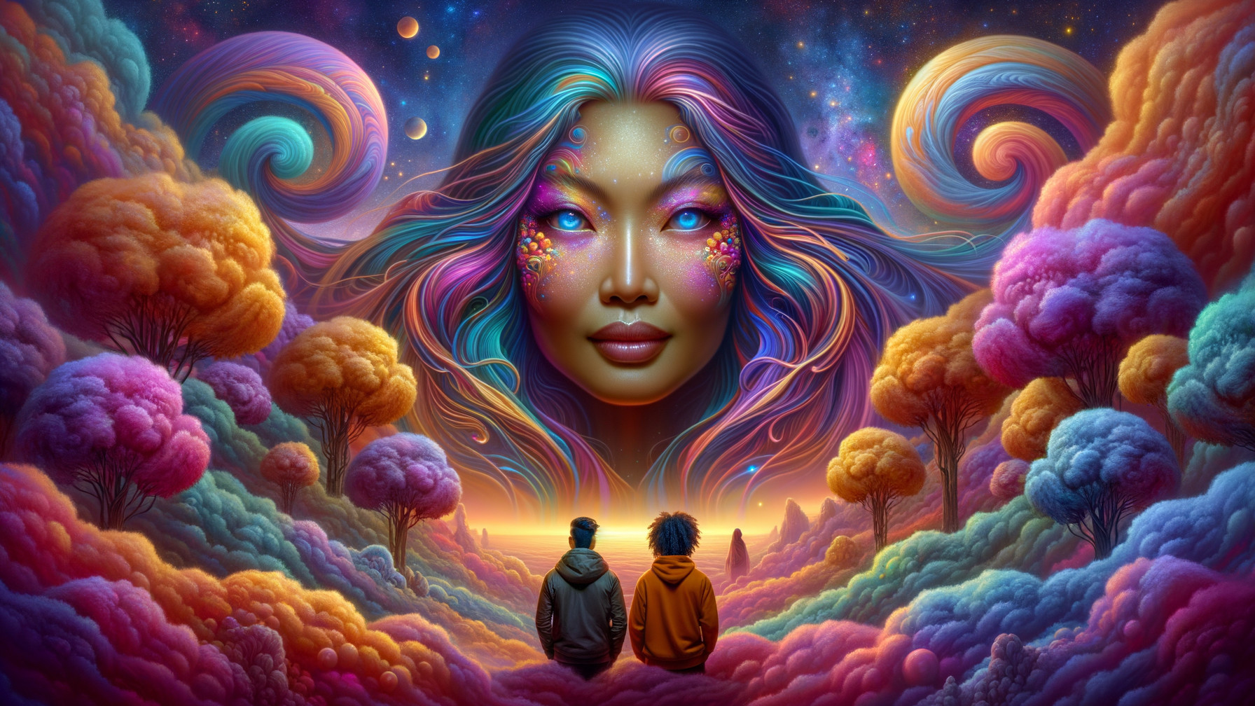 Surreal Landscape with Ethereal Face and Cosmic Elements