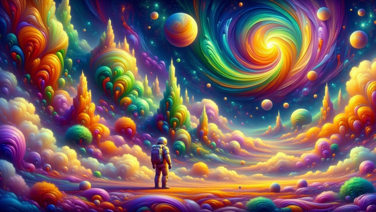 Surreal Landscape with Galaxies and Colorful Planets