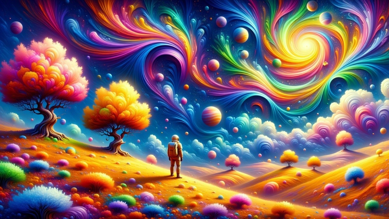 Dreamlike Landscape with Astronaut and Colorful Galaxy