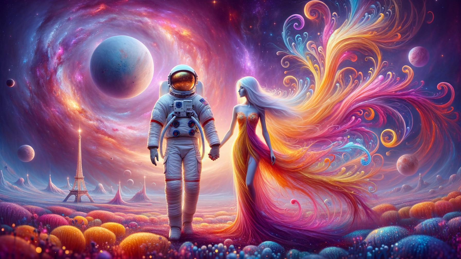 Cosmic Landscape with Astronaut and Fantastical Figure