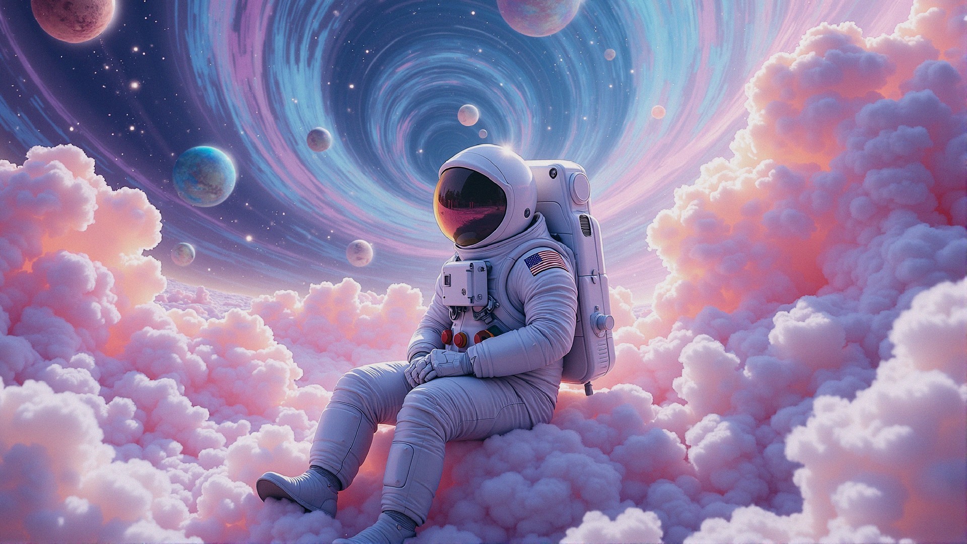 Astronaut in White Spacesuit Among Pink Clouds and Galaxies