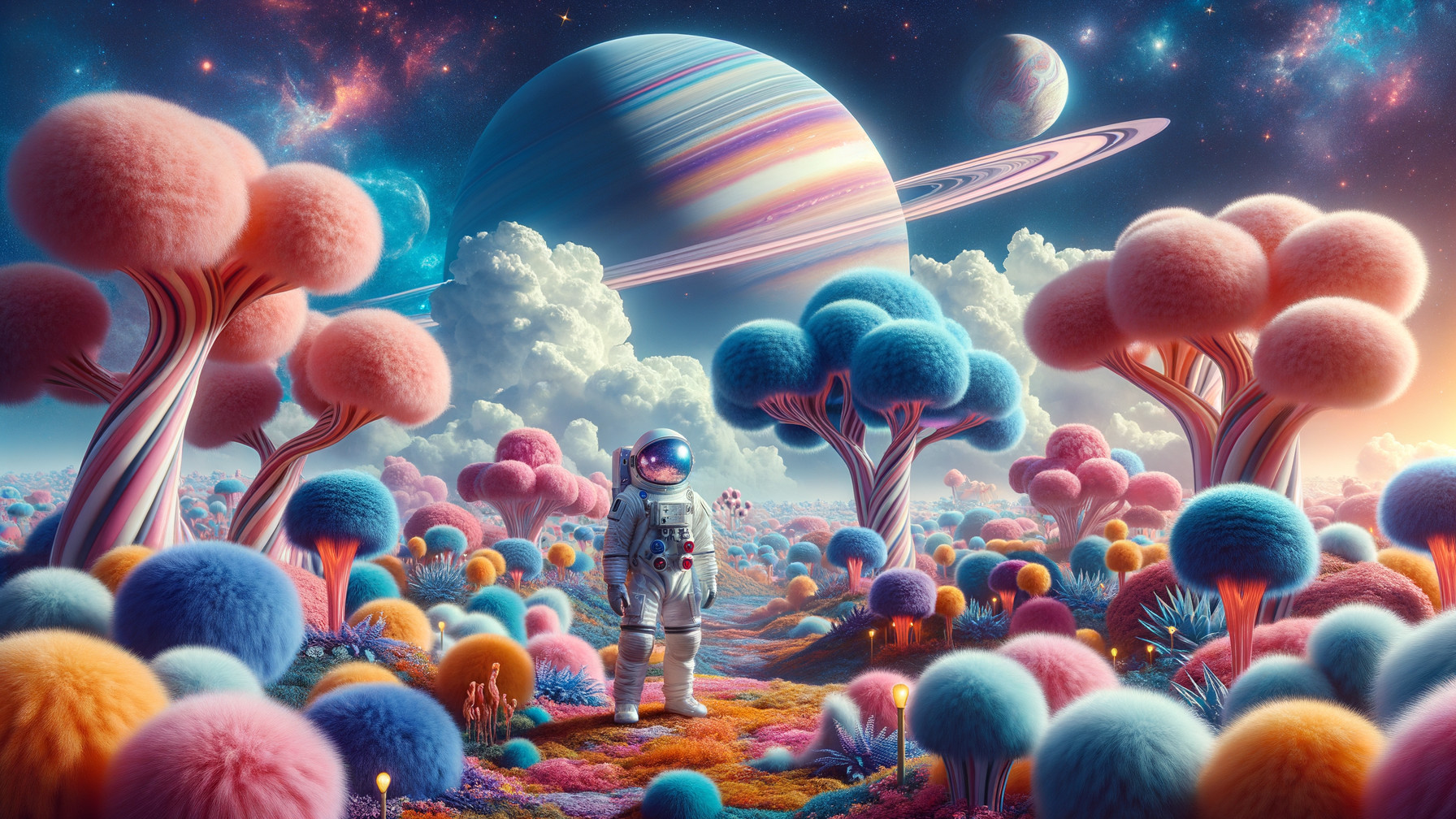 Astronaut in Colorful Landscape with Cosmic Backdrop