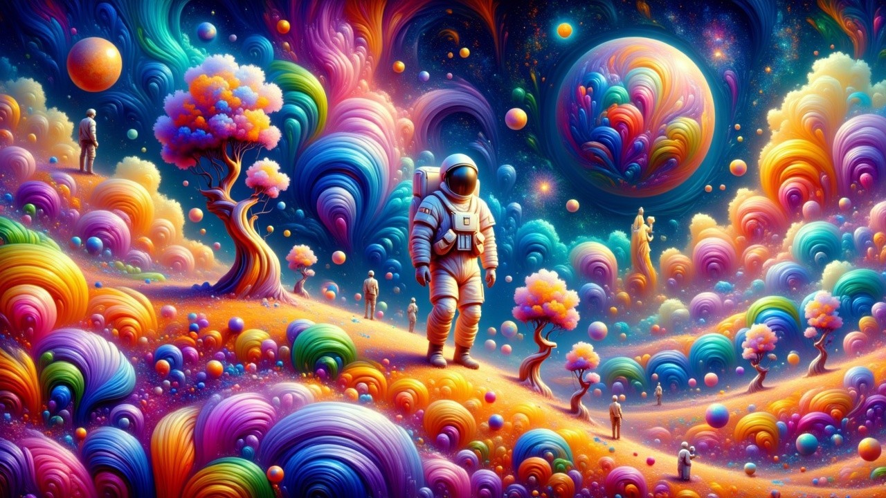 Astronaut in a Surreal Cosmic Landscape Exploration