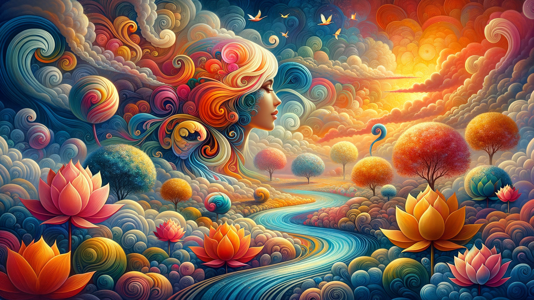 Surreal Landscape with Colorful Clouds and Lotus Flowers