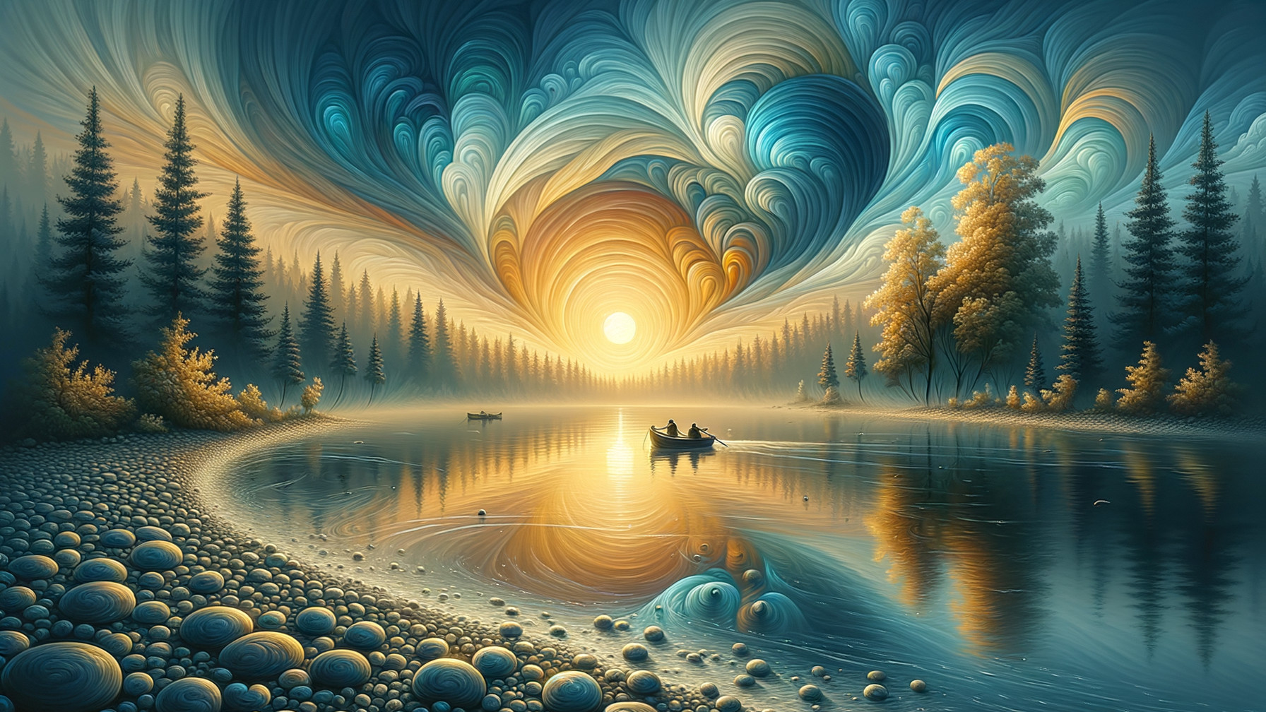 Tranquil River Landscape with Sunset and Boats
