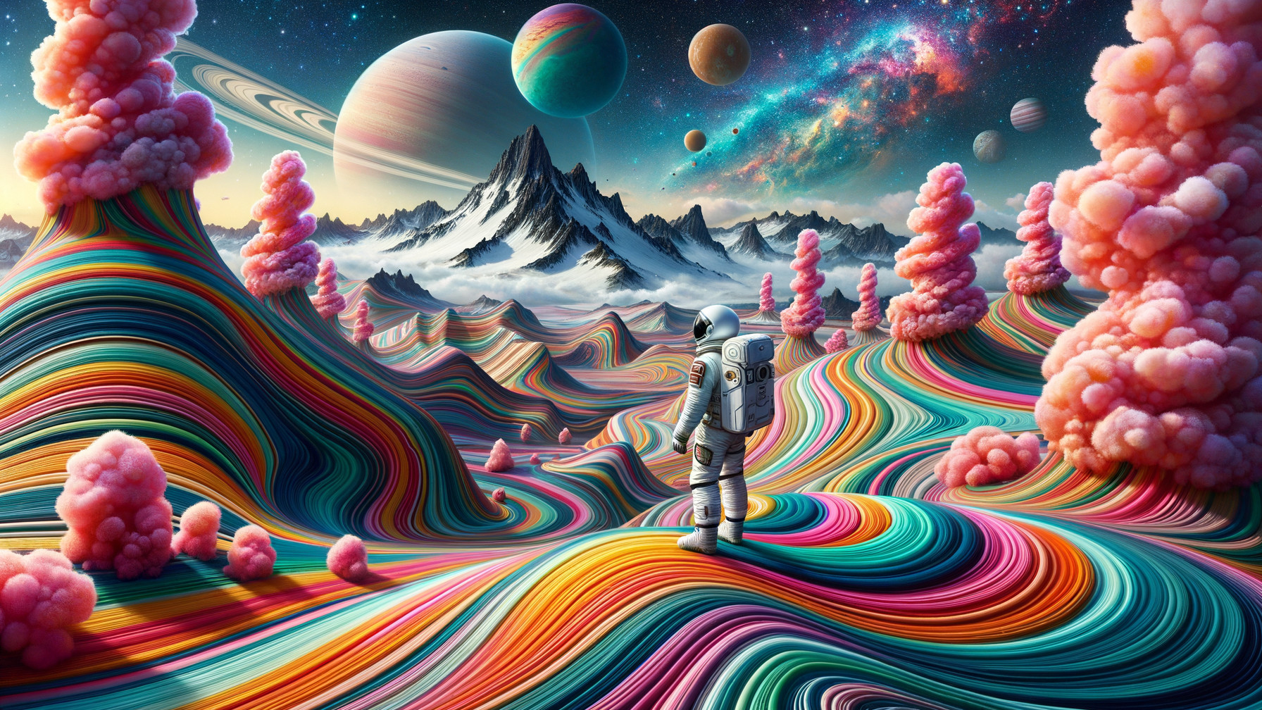 Surreal Landscape with Astronaut and Colorful Cosmos