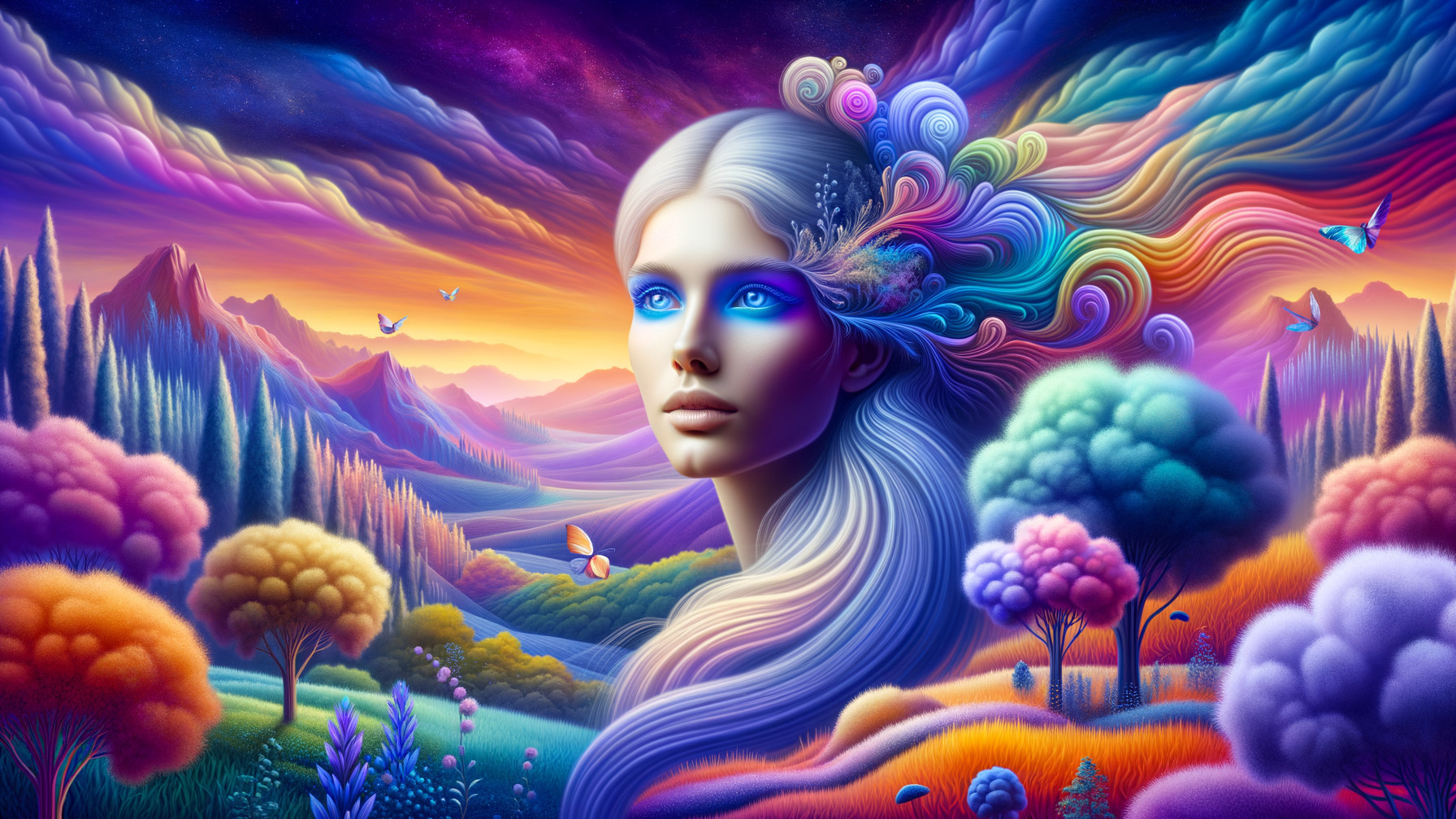 Surreal Landscape with Ethereal Face and Vibrant Colors