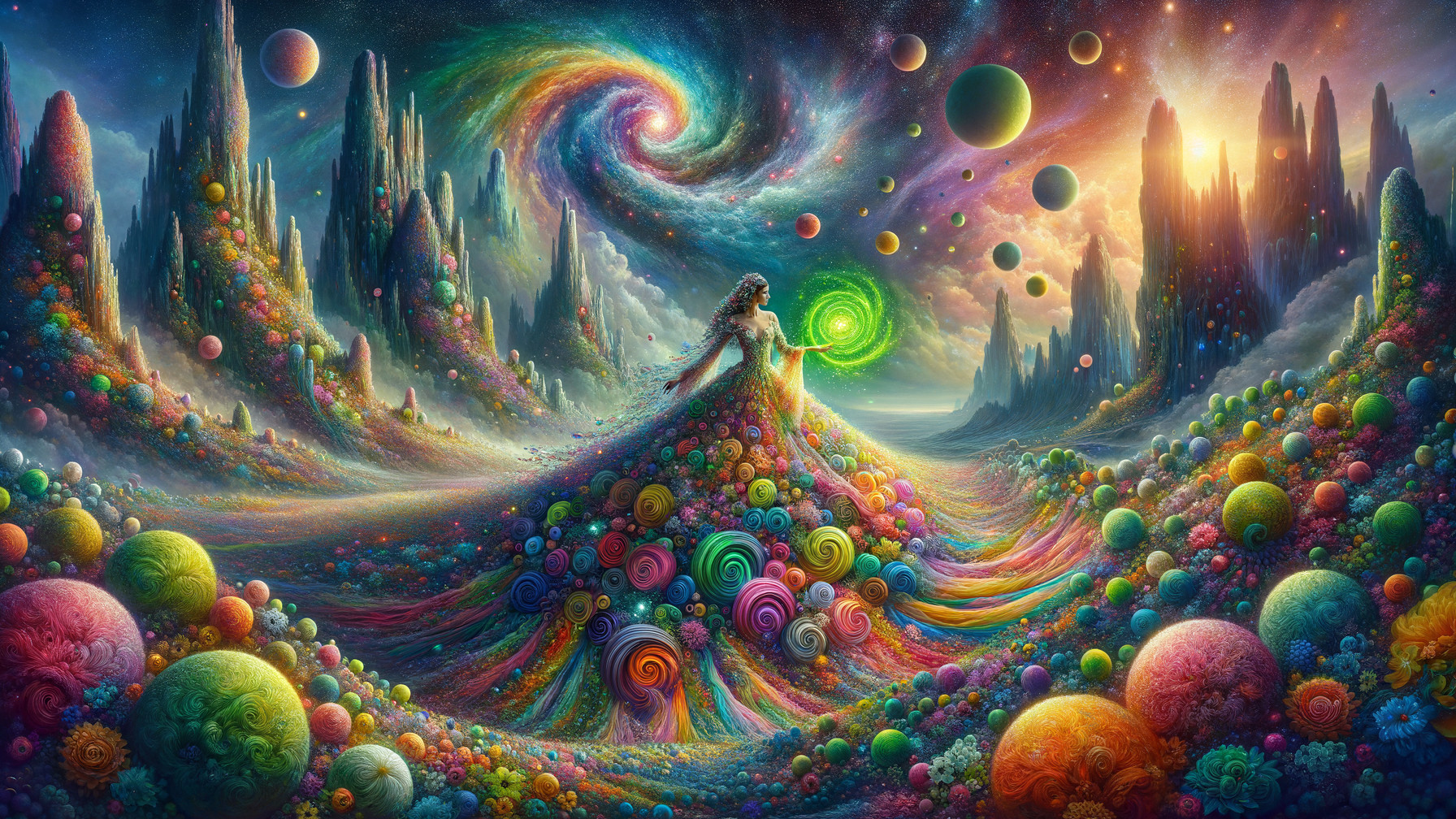Vibrant Cosmic Landscape with Colorful Figure and Orbs