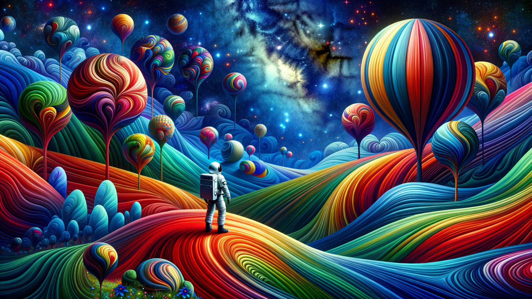 Surreal Landscape with Astronaut and Starry Sky