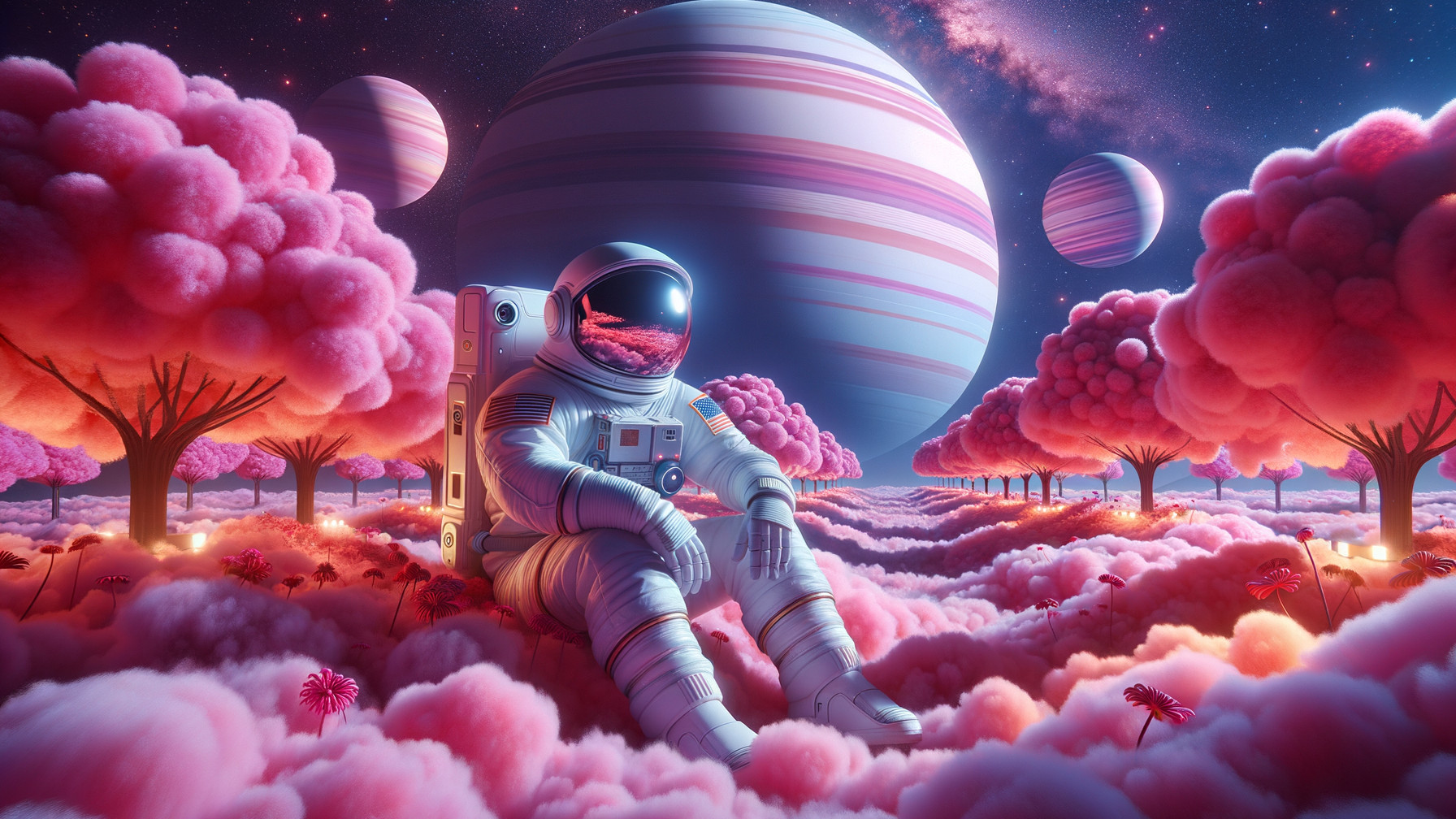Astronaut in Cosmic Landscape with Pink Clouds and Trees