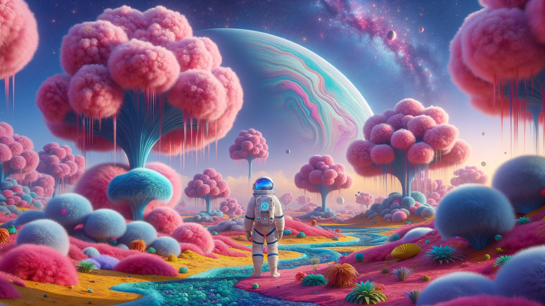 Vibrant Otherworldly Landscape with Astronaut and Planet