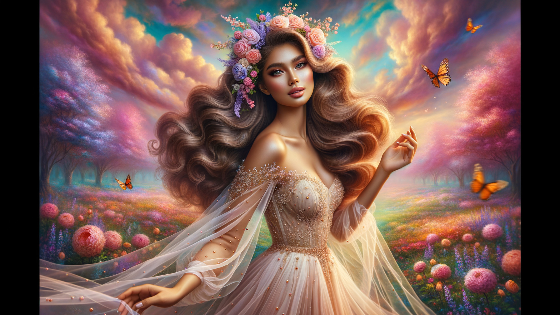 Serene Woman in Colorful Dreamy Landscape with Butterflies