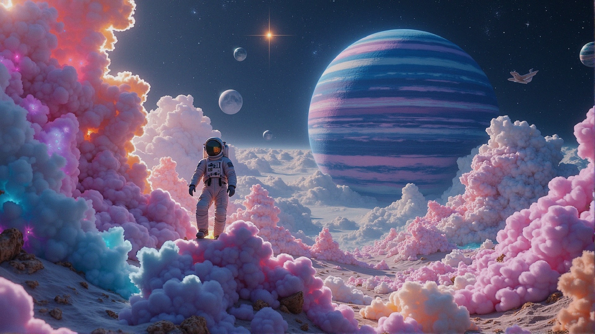 Astronaut on a surreal landscape with pastel clouds