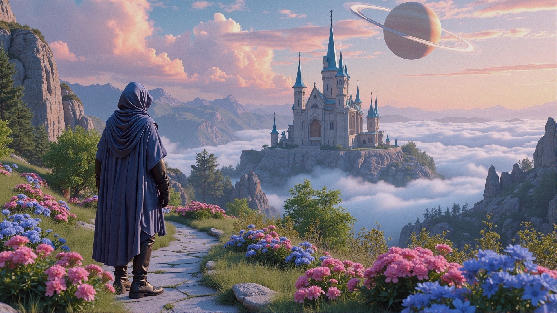 Hooded Figure on Cobblestone Path with Castle and Planet