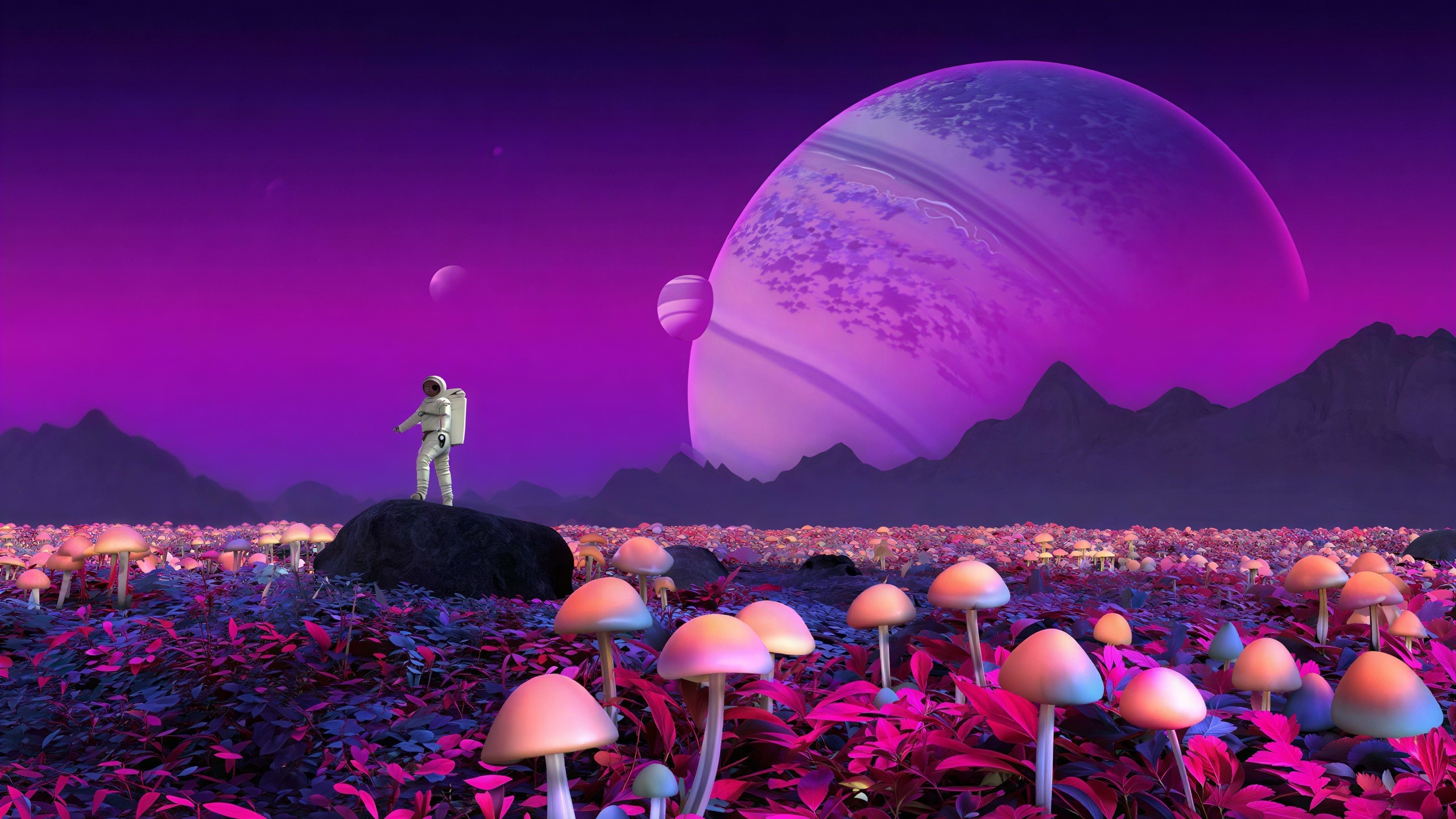 Astronaut on Dark Rock Overlooking Alien Landscape