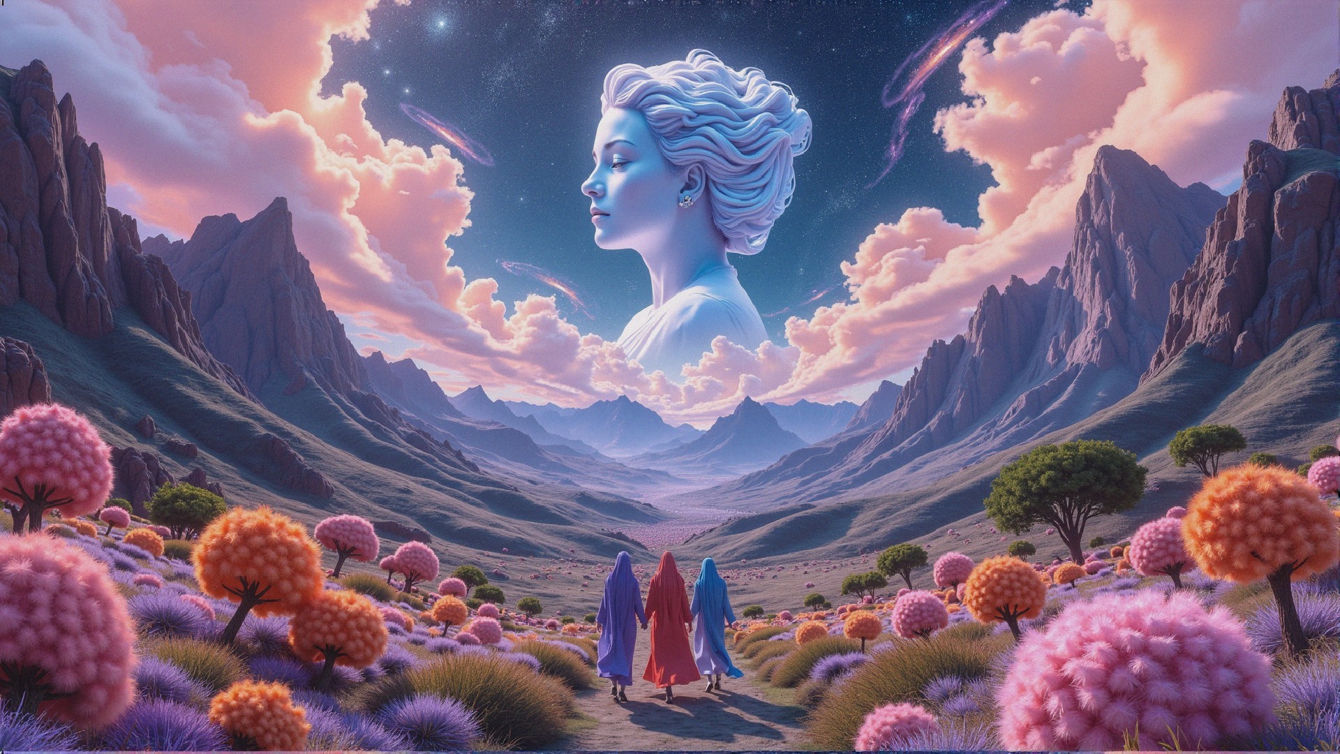 Surreal Landscape with Figures and Celestial Presence