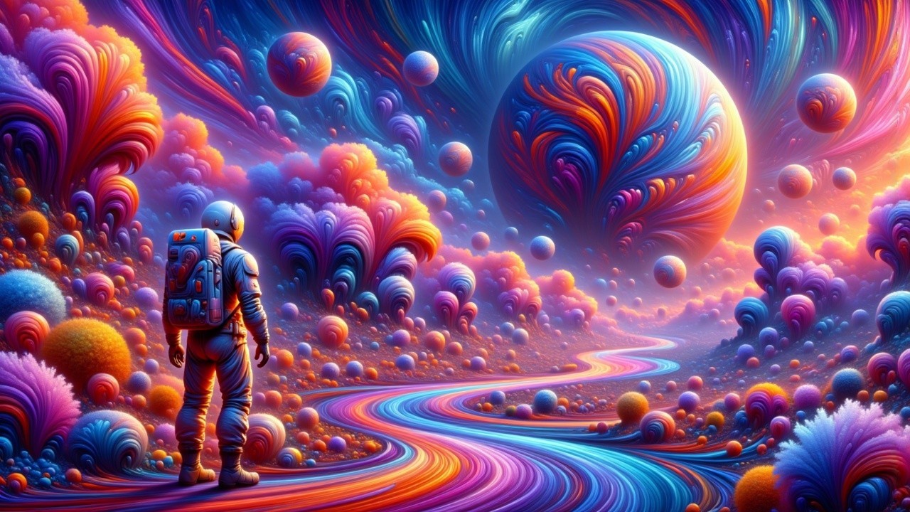 Surreal Landscape with Astronaut and Cosmic Sky