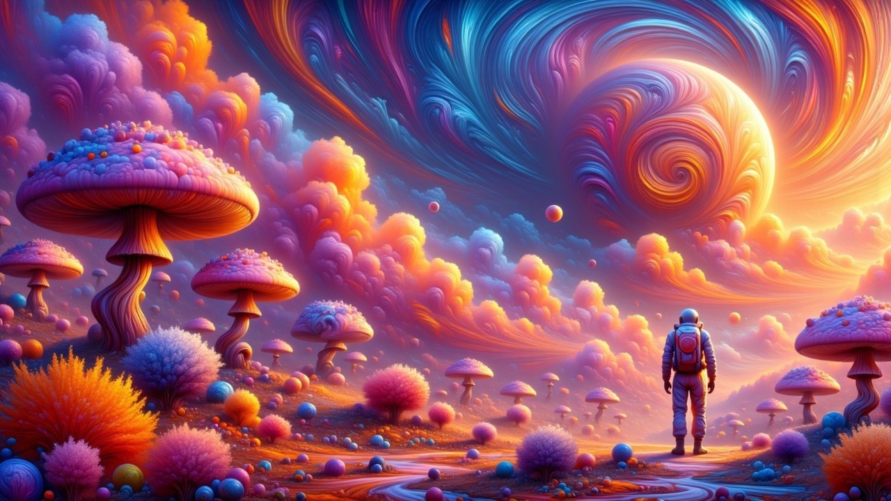 Surreal Alien Landscape with Colorful Mushrooms