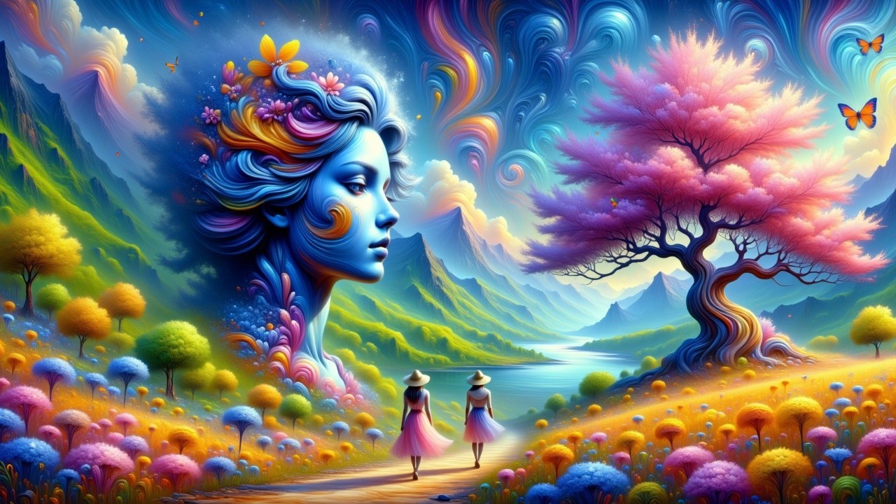 Surreal Landscape with Colorful Woman's Profile and Nature