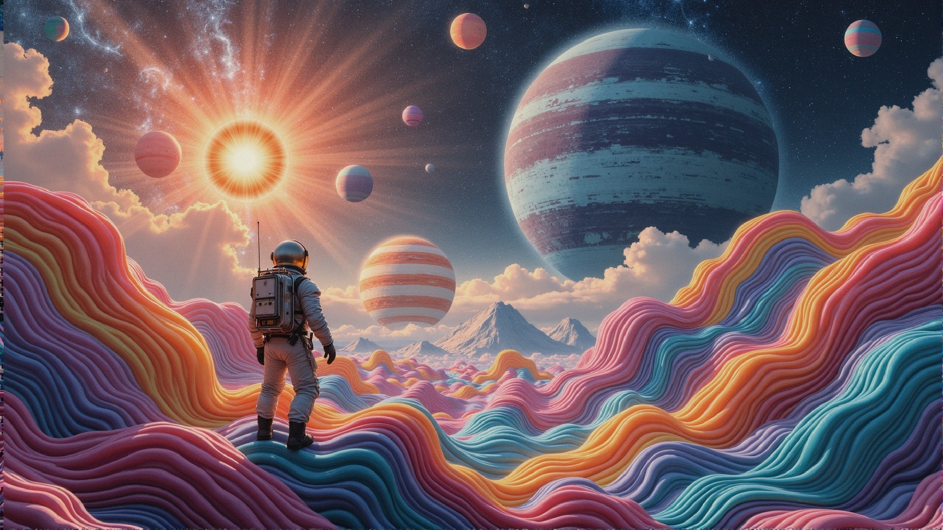 Astronaut on Colorful Landscape with Giant Planets