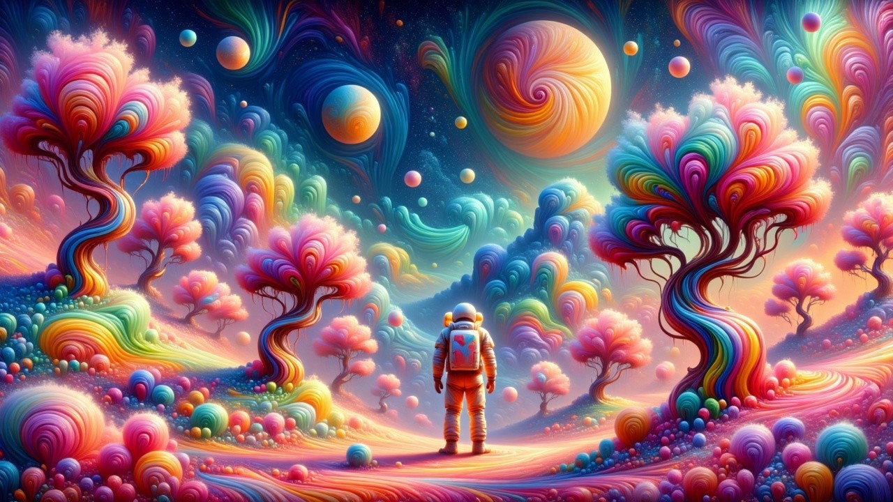 Astronaut in a Colorful Surreal Landscape with Planets