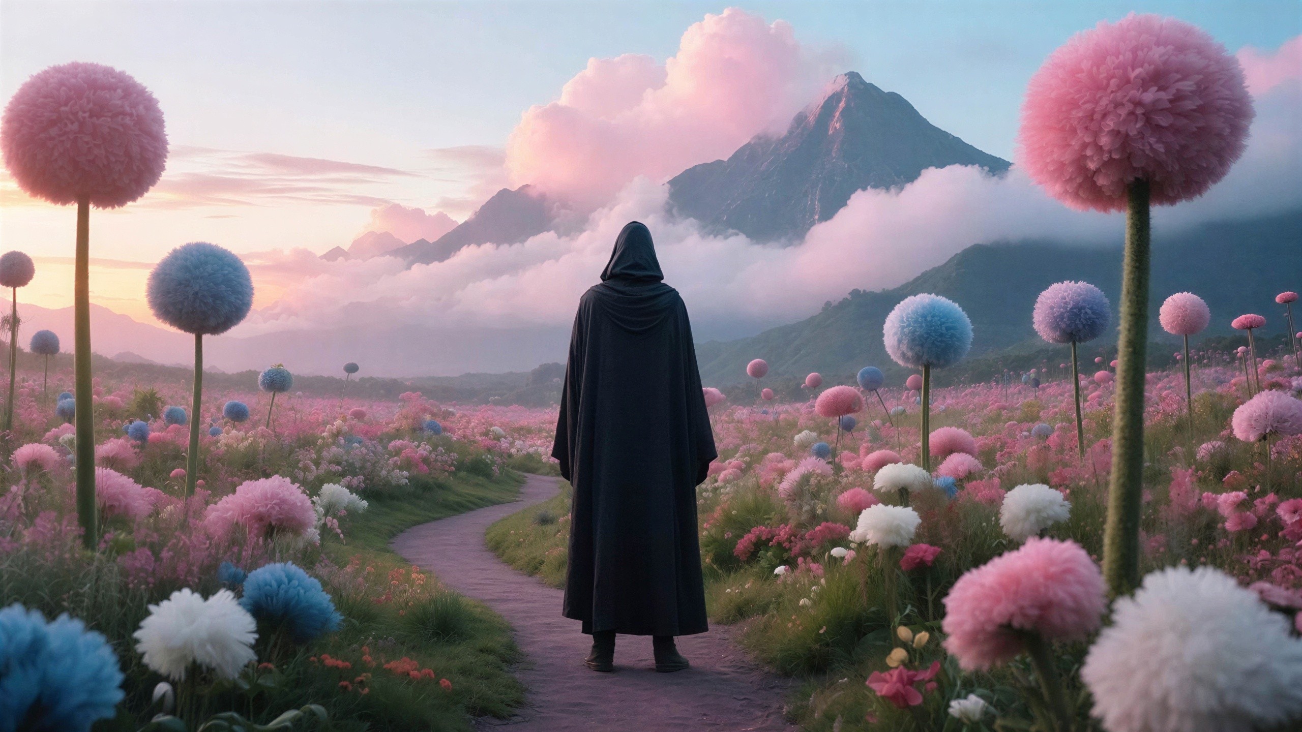 Hooded Figure in Fantasy Landscape with Colorful Flowers