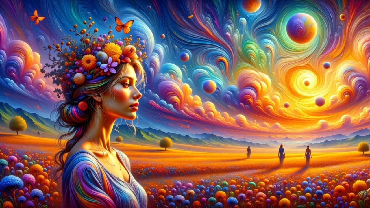 Vibrant Dreamlike Landscape with Floral Crown and Sunset