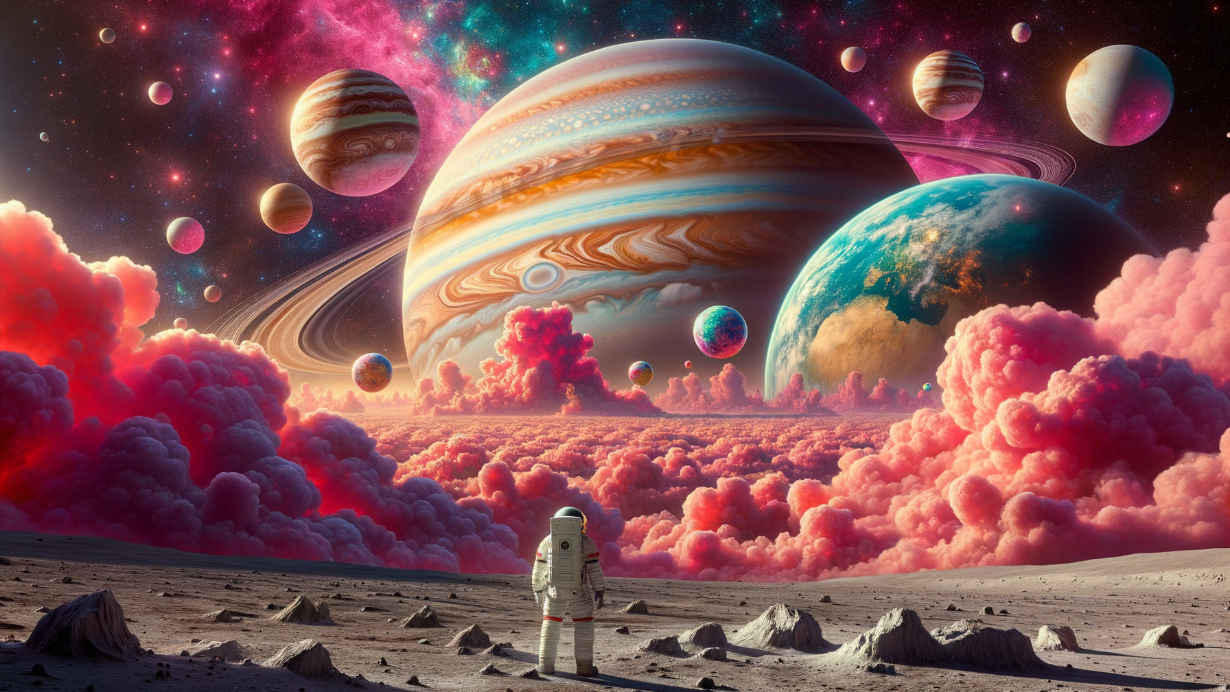 Astronaut Observes Colorful Celestial Landscape on Planet