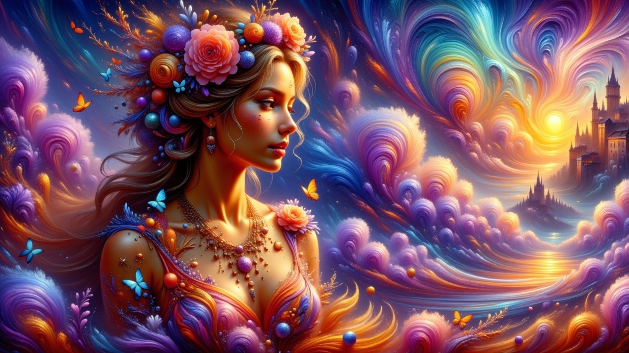 Ethereal Woman in Floral Crown Against Fantasy Landscape
