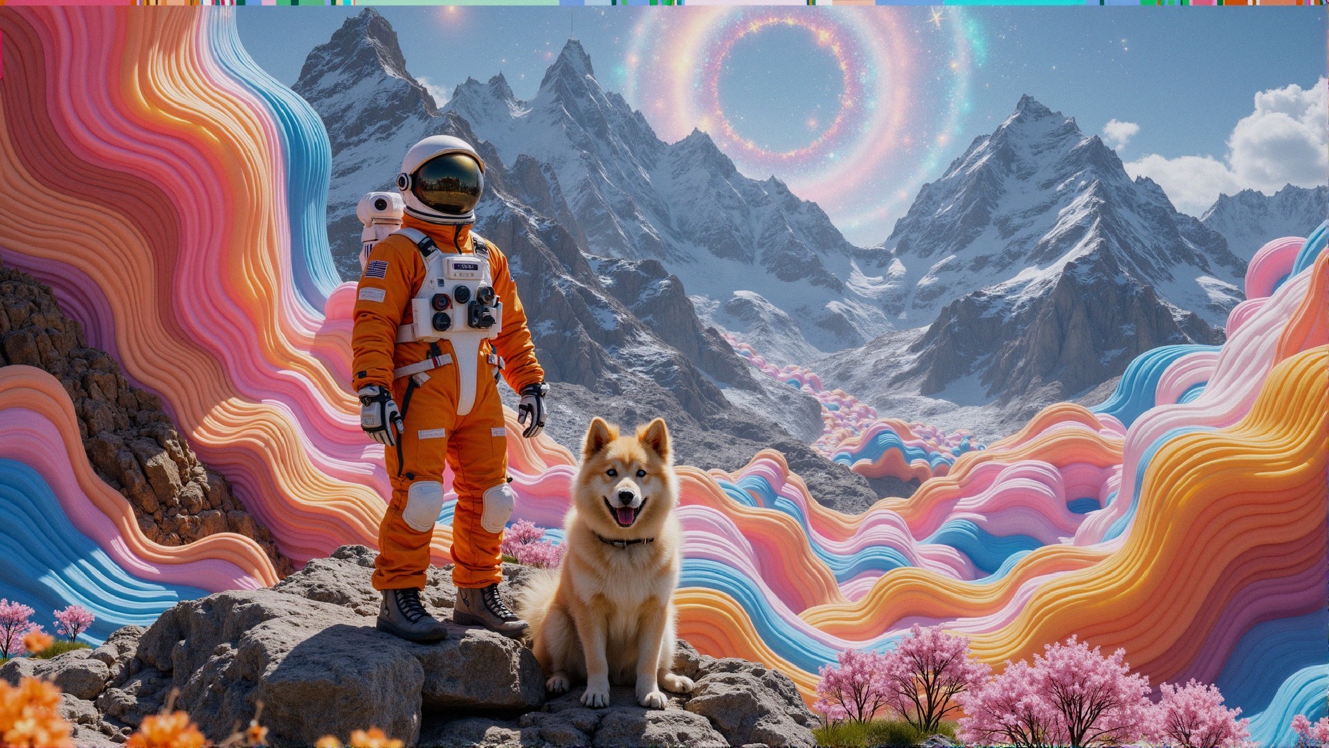 Astronaut and Dog on Colorful Rocky Terrain with Blossoms