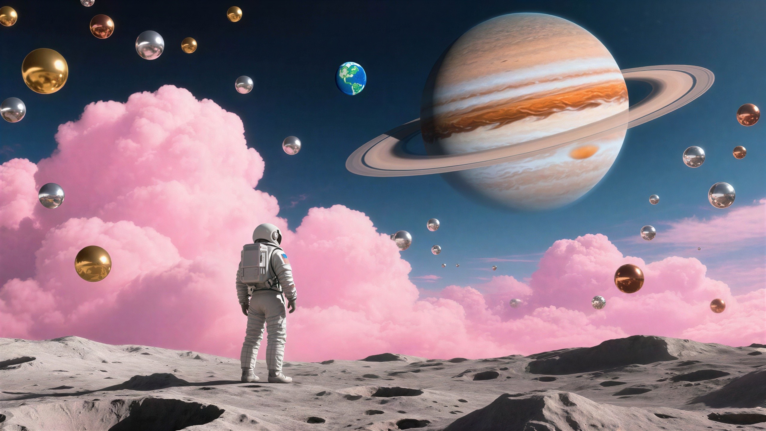 Astronaut on Barren Moon with Surreal Sci-Fi Landscape