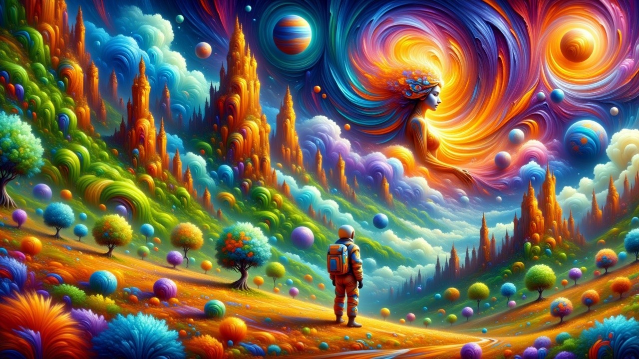 Surreal Landscape with Vibrant Colors and Cosmic Figures