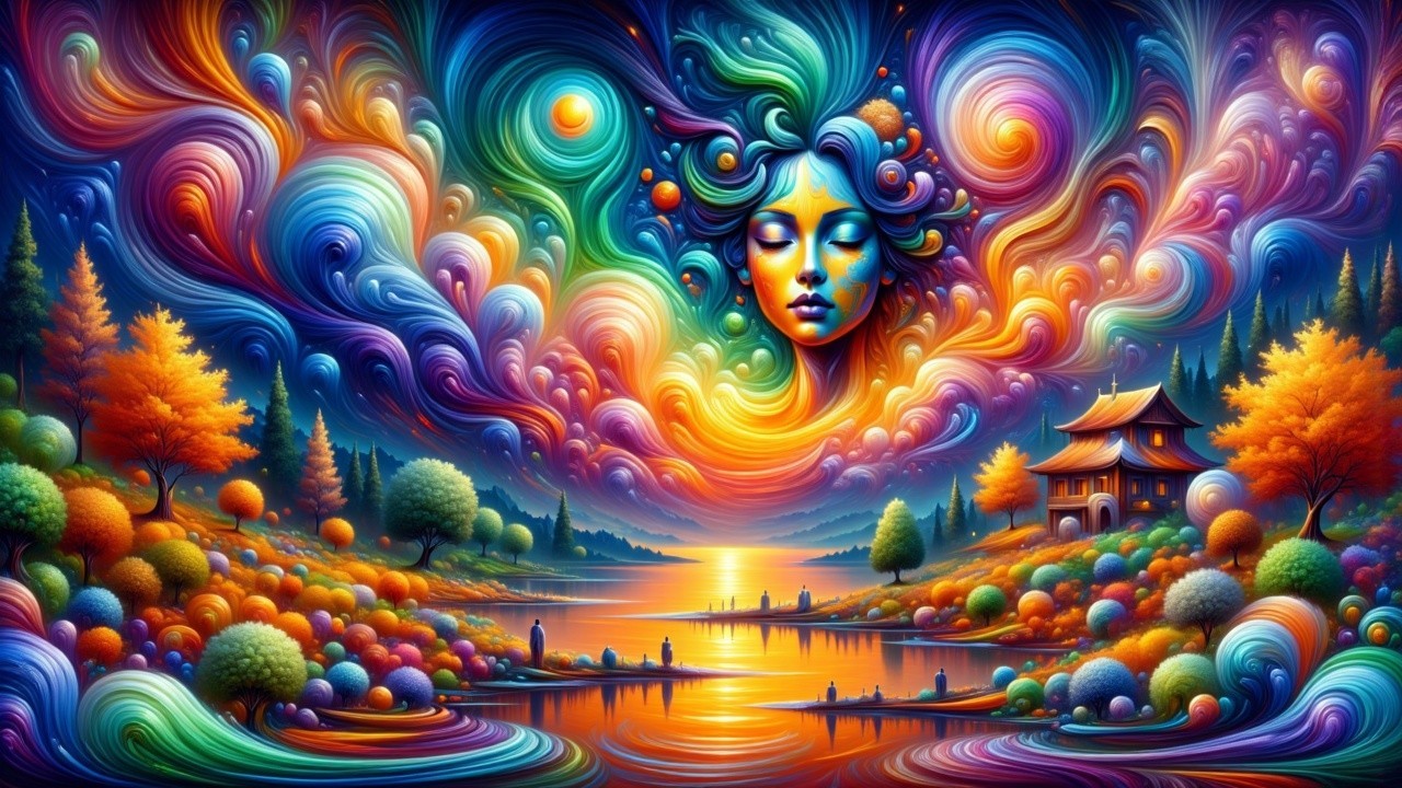 Vibrant Landscape with Dreamlike Elements and Colors