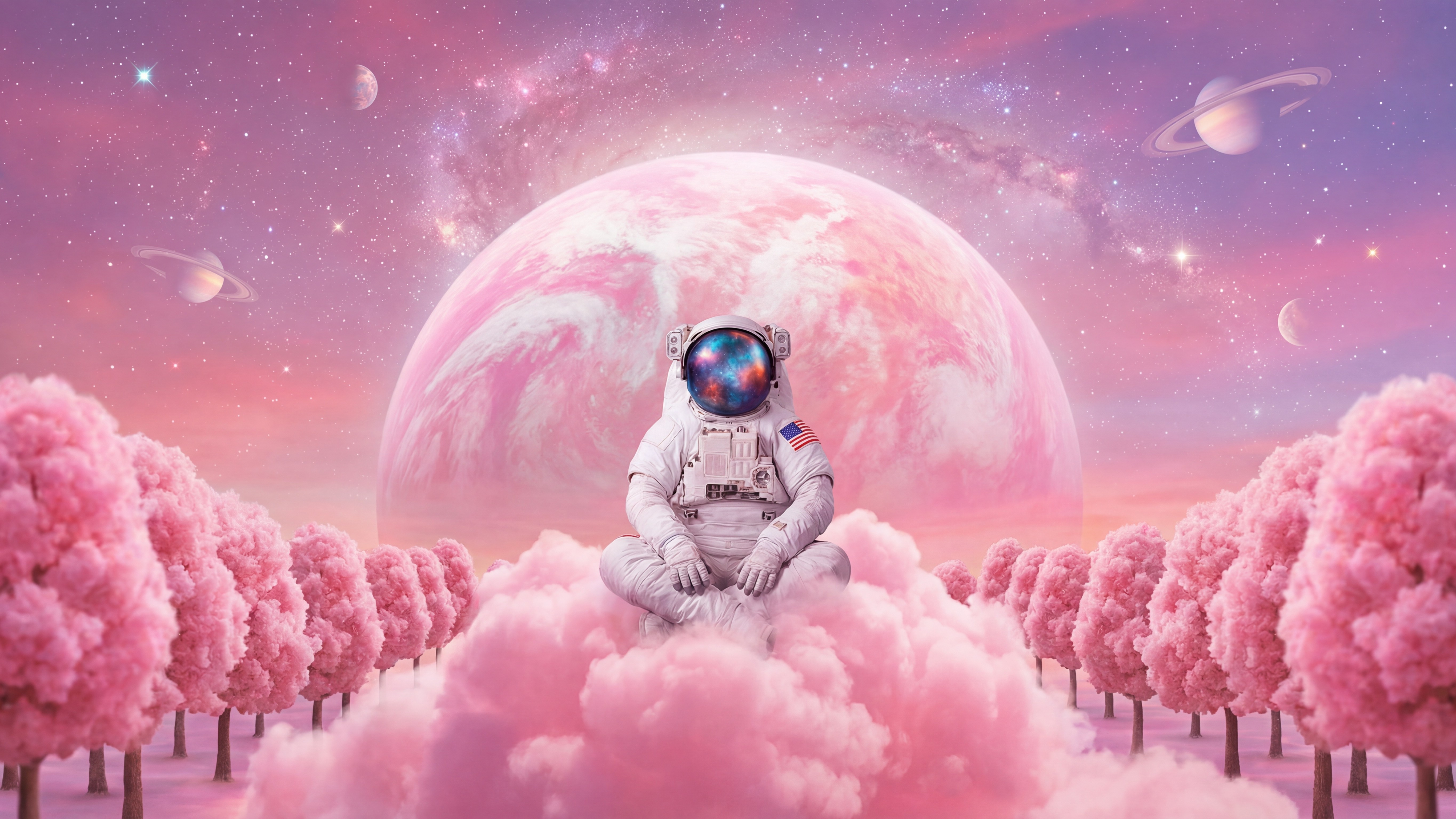 Astronaut Meditating on Pink Clouds with Nebula Reflection