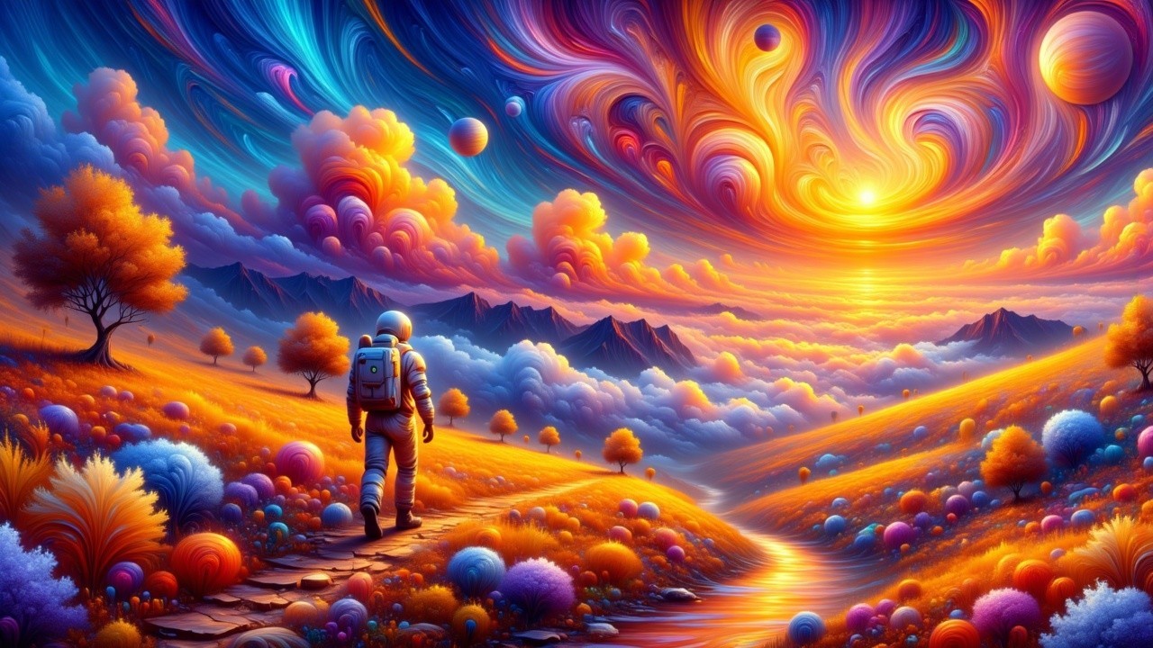 Surreal Landscape with Astronaut and Colorful Clouds