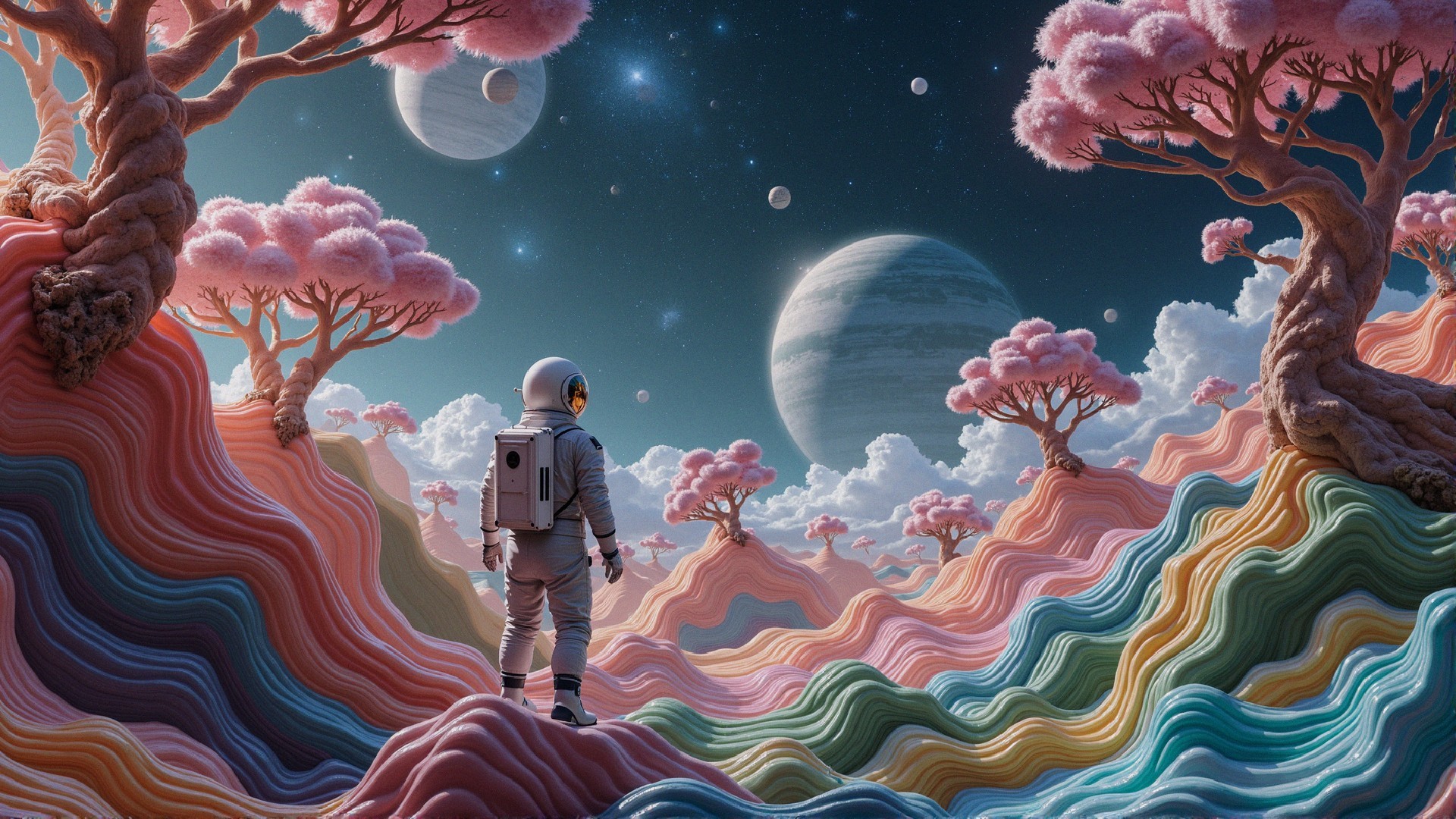 Astronaut in Colorful Surreal Landscape with Planets
