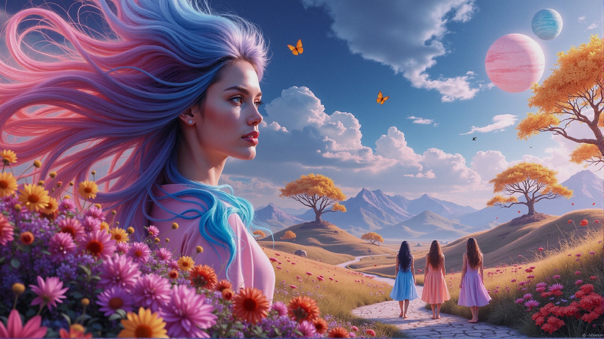 Dreamy Landscape with Serene Woman and Colorful Figures