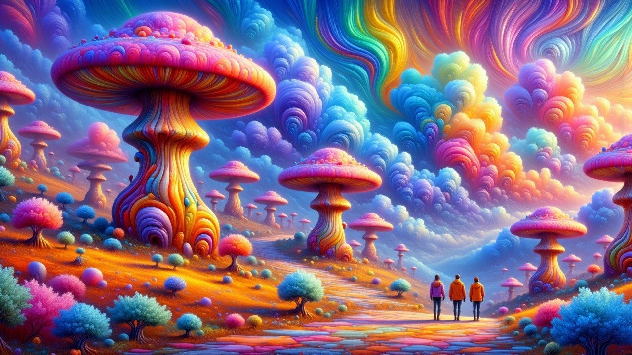 Surreal Landscape with Colorful Mushrooms and Figures
