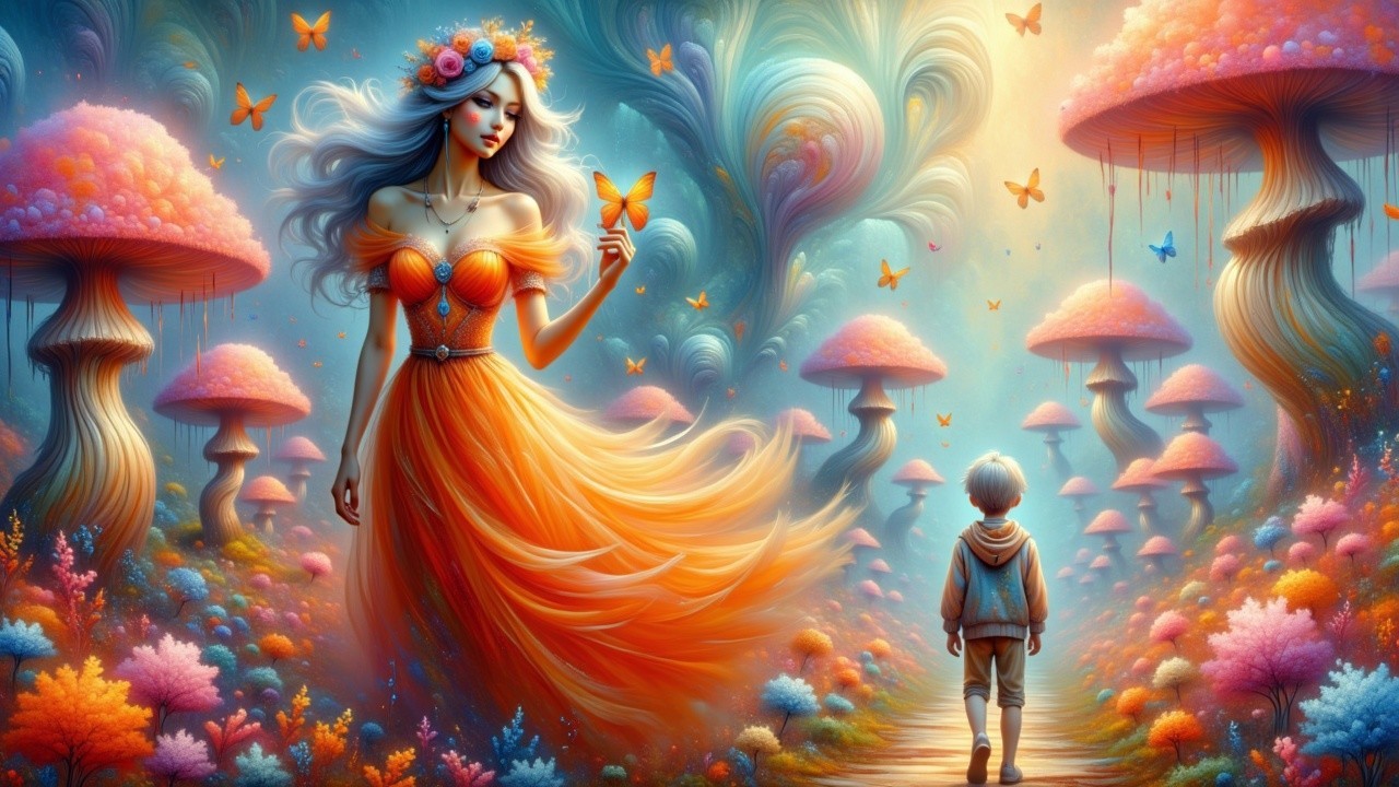 Whimsical Landscape with Woman, Butterflies, and Flora