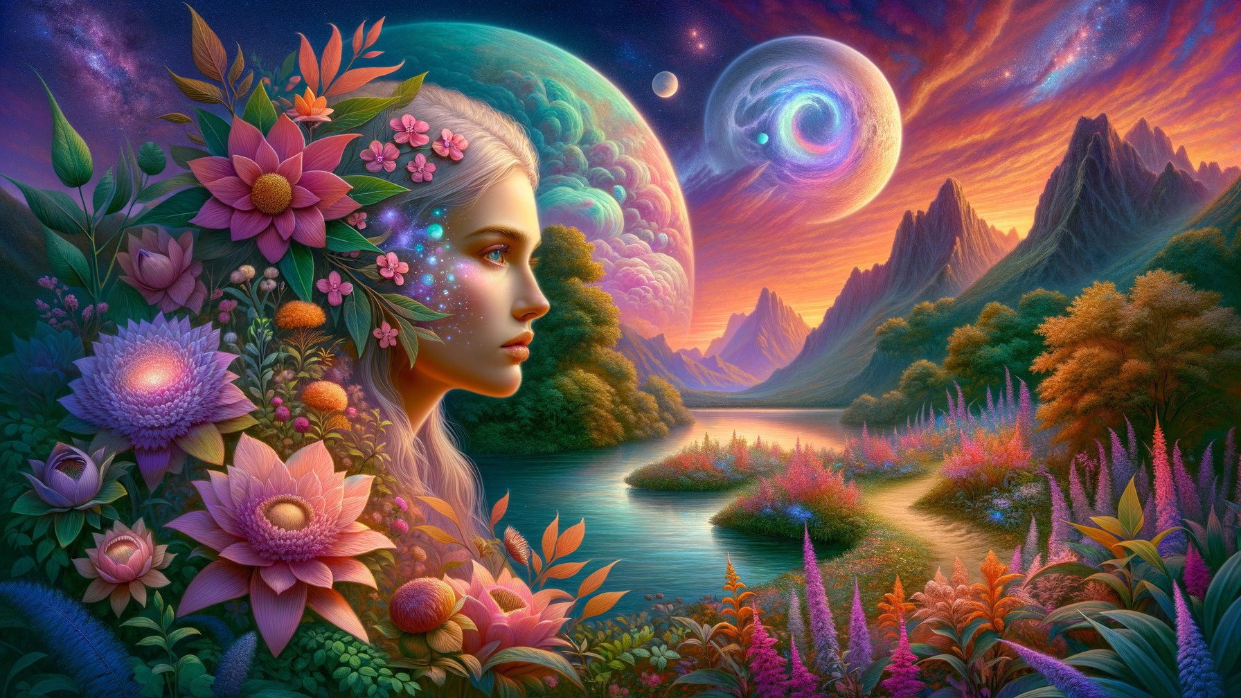 Surreal Landscape with Woman's Profile and Nature Elements