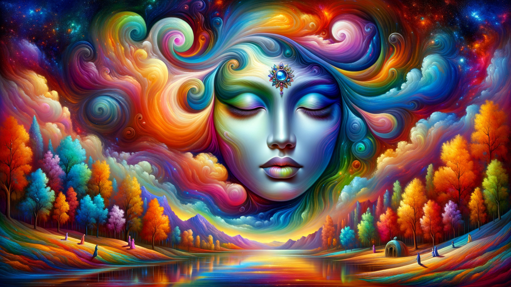 Surreal Landscape with Serene Face and Colorful Clouds